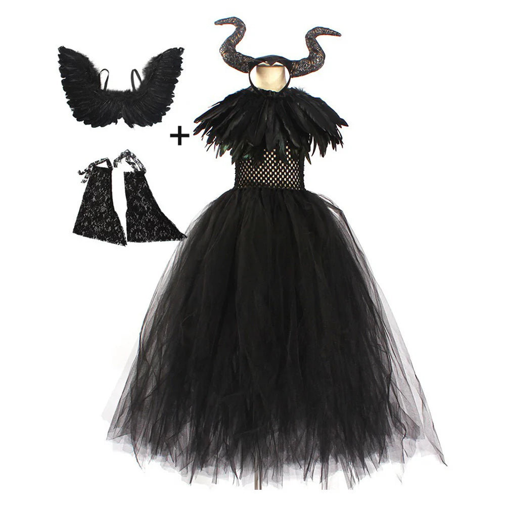 Kids Maleficent Cosplay Dress Costume with Headband