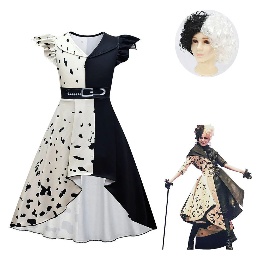 Kids Cruella Cosplay Costume Dress with Wig – Girls Halloween Carnival Outfit
