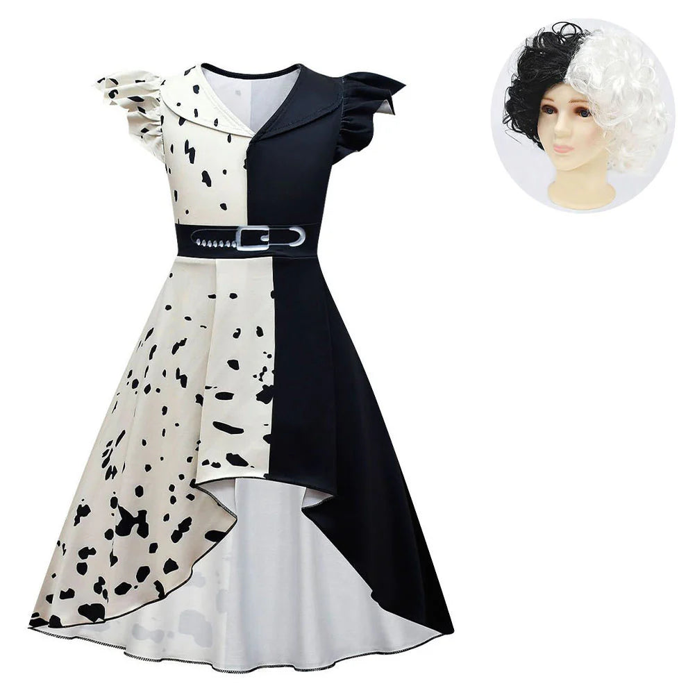 Kids Cruella Cosplay Costume Dress with Wig – Girls Halloween Carnival Outfit