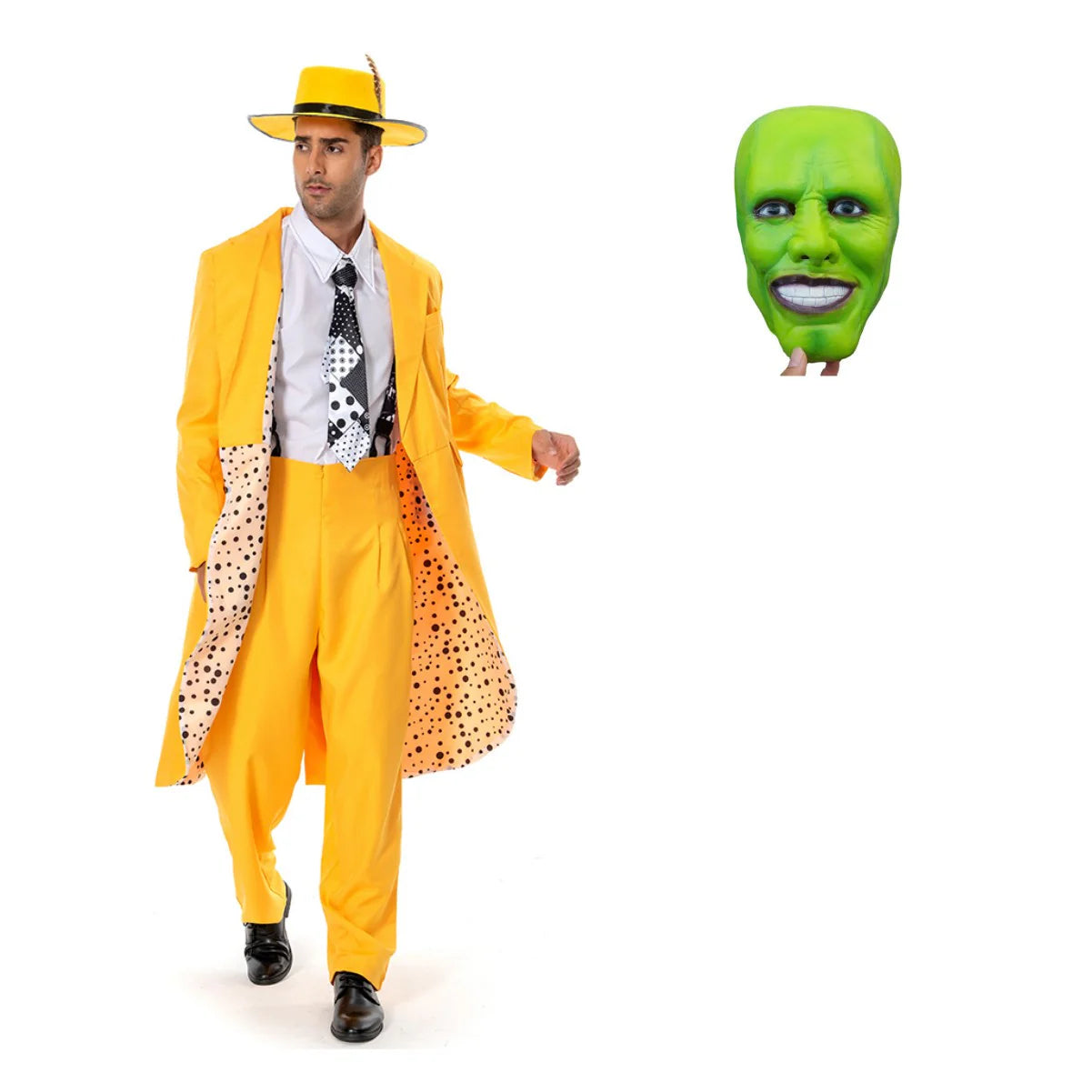 The Mask Jim Carrey Yellow Suit Cosplay Costume with Mask – Men’s Halloween Outfit