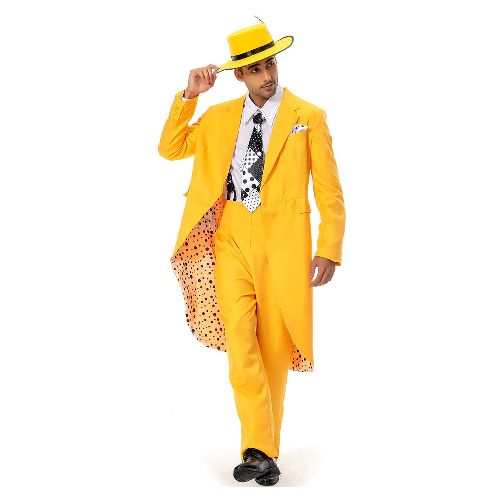 The Mask Jim Carrey Yellow Suit Cosplay Costume with Mask – Men’s Halloween Outfit