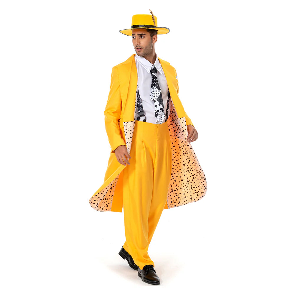 The Mask Jim Carrey Yellow Suit Cosplay Costume with Mask – Men’s Halloween Outfit