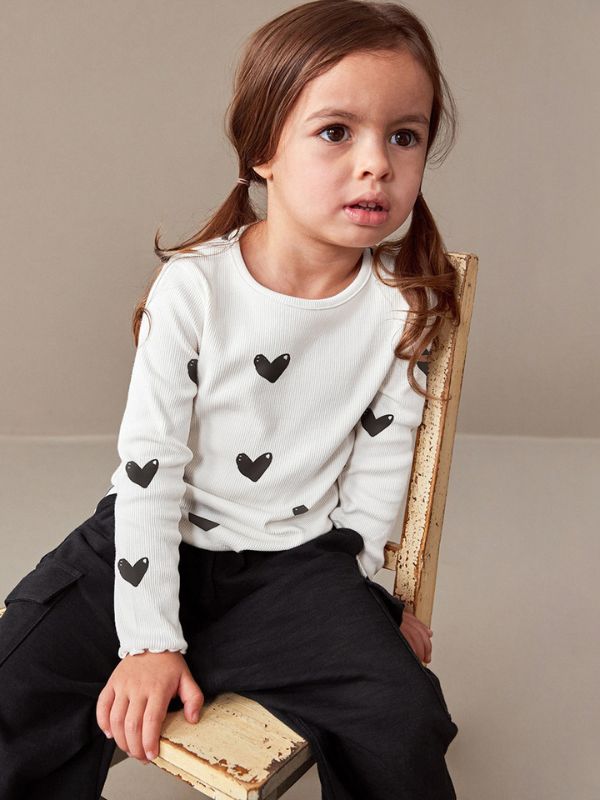 Girls Heart Print Top & Black Cargo Pants Set