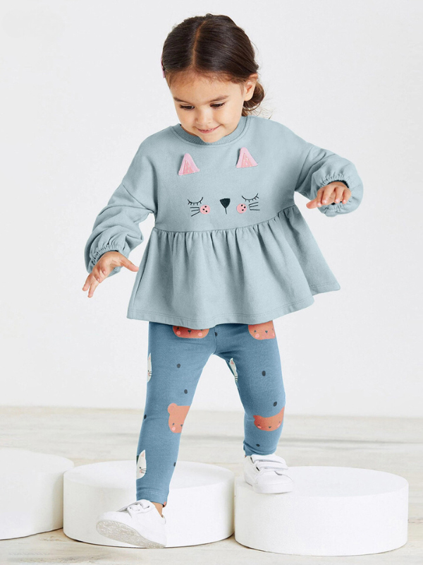 Girls Cat Face Peplum Top & Printed Leggings Set – Adorable 2-Piece Toddler Outfit