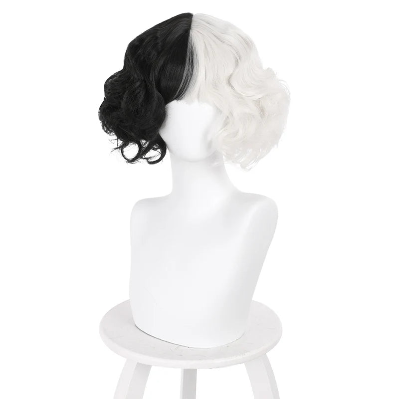 Cruella de Vil Cosplay Wig – Heat Resistant Synthetic Hair Black & White Halloween Accessory