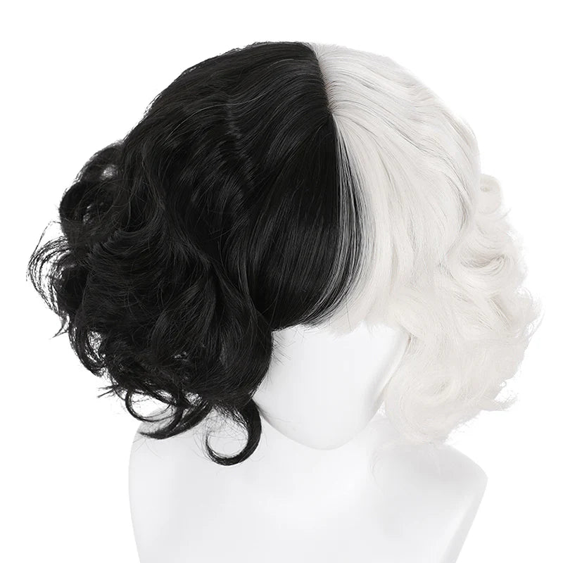 Cruella de Vil Cosplay Wig – Heat Resistant Synthetic Hair Black & White Halloween Accessory