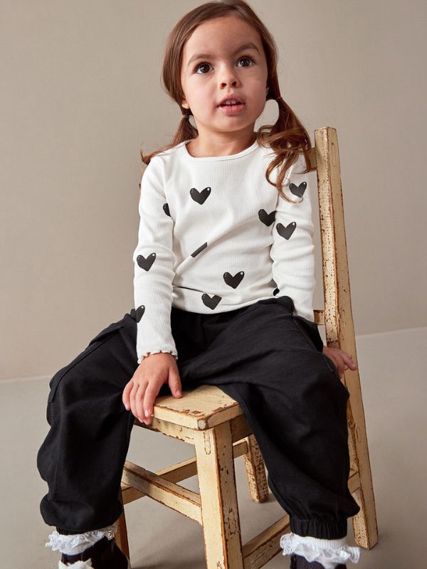 Girls Heart Print Top & Black Cargo Pants Set