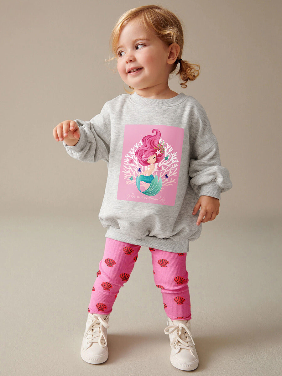 Girls 2-Piece Cotton Outfit – Mermaid Print Sweatshirt & Leggings