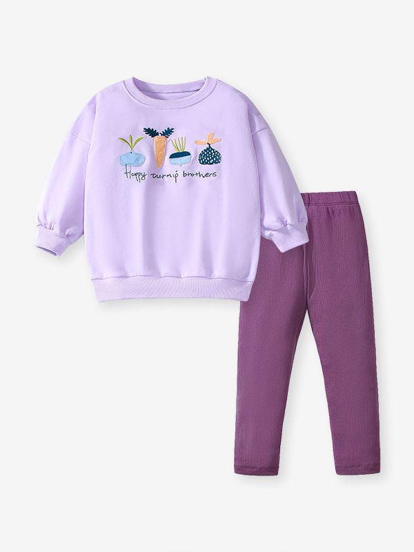 Girls Cartoon Embroidered Sweatshirt and Pants Set