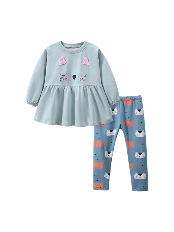 Girls Cat Face Peplum Top & Printed Leggings Set – Adorable 2-Piece Toddler Outfit