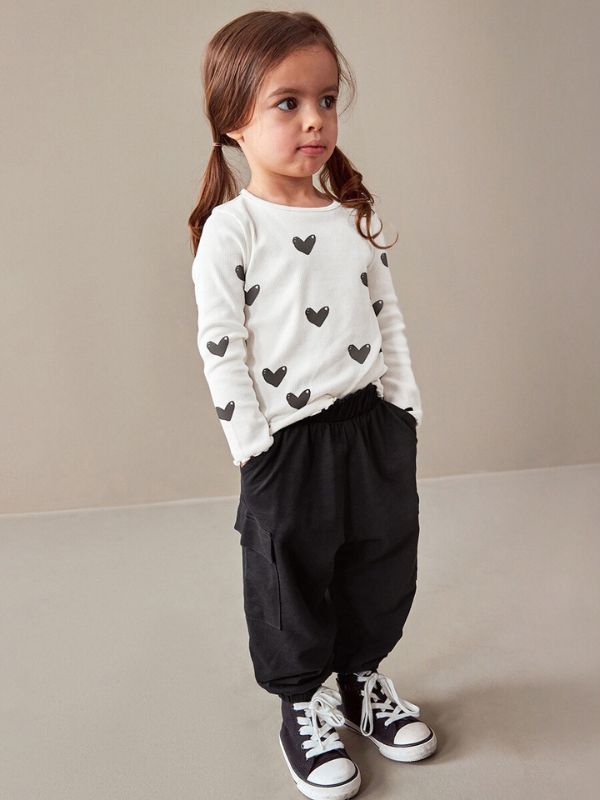 Girls Heart Print Top & Black Cargo Pants Set