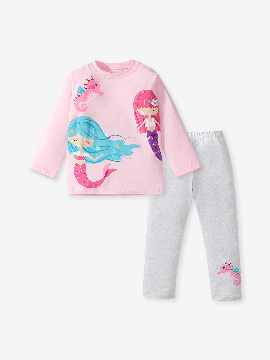 Girls 2-Piece Cotton Mermaid Outfit – Long Sleeve Top & Leggings