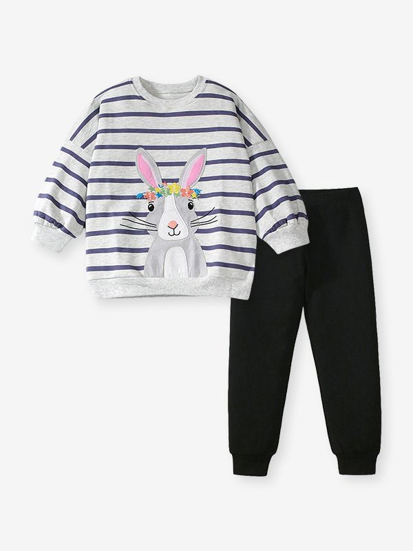 Girls Striped Rabbit Sweater & Black Pants Set