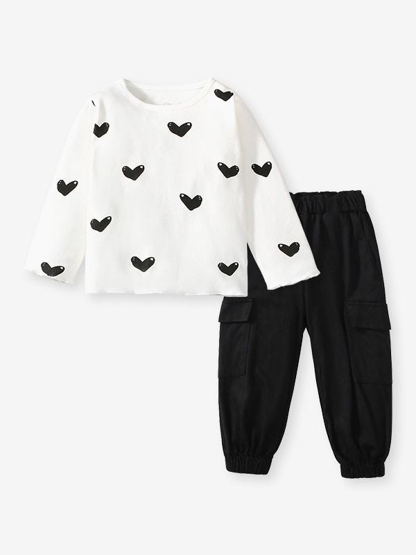 Girls Heart Print Top & Black Cargo Pants Set