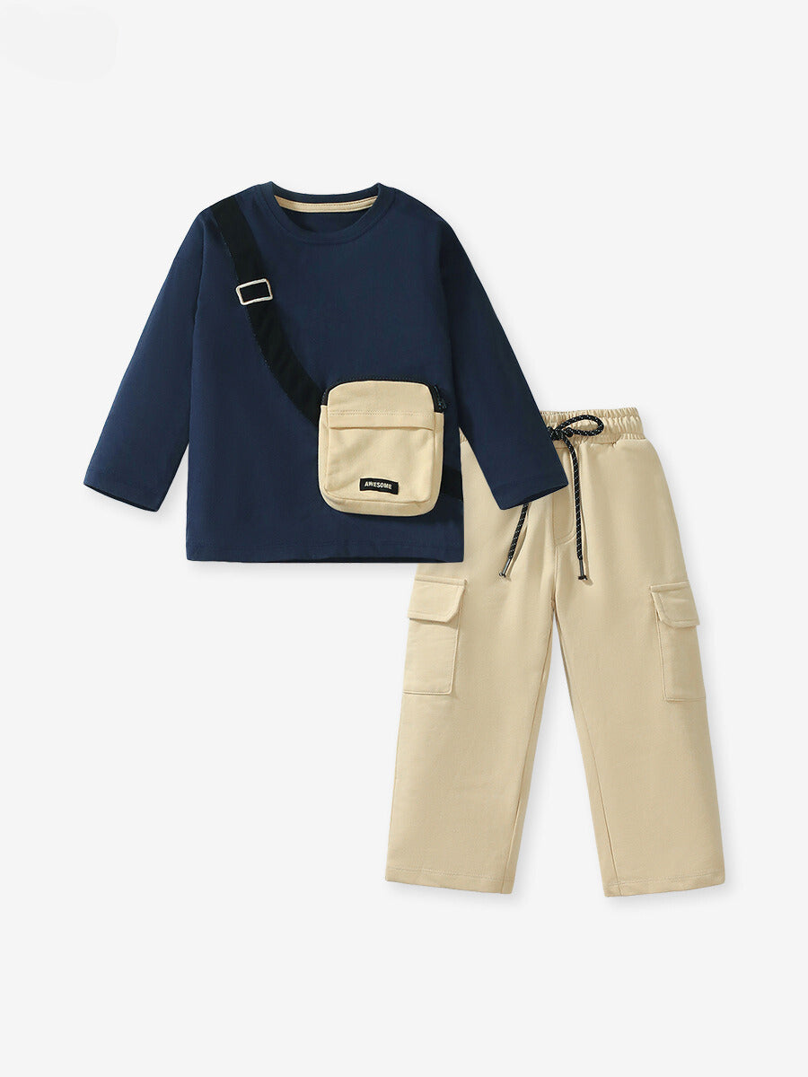 Boys Casual Cargo Pants & Crossbody Long-Sleeve Top Outfit Set