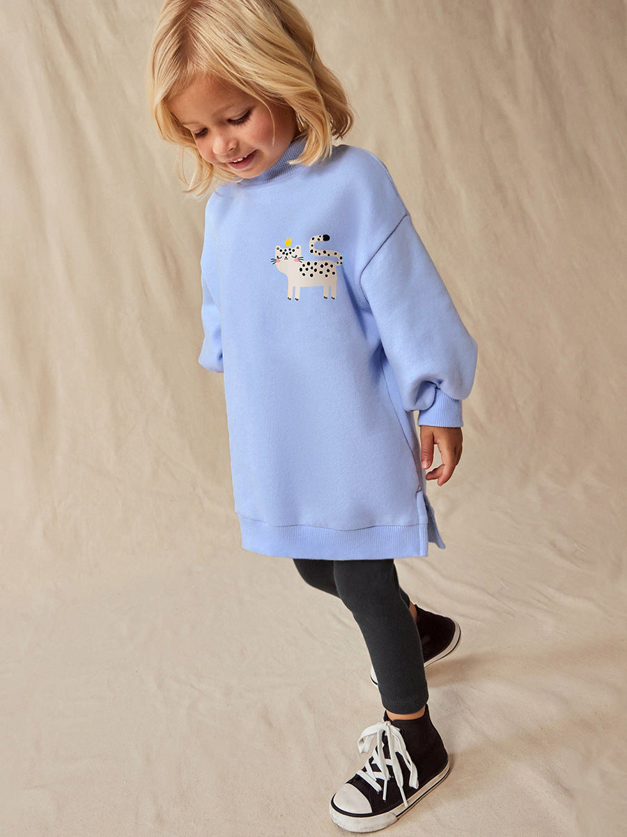 Blue Cat Patch Sweatshirt and Black Pants Set for Girls