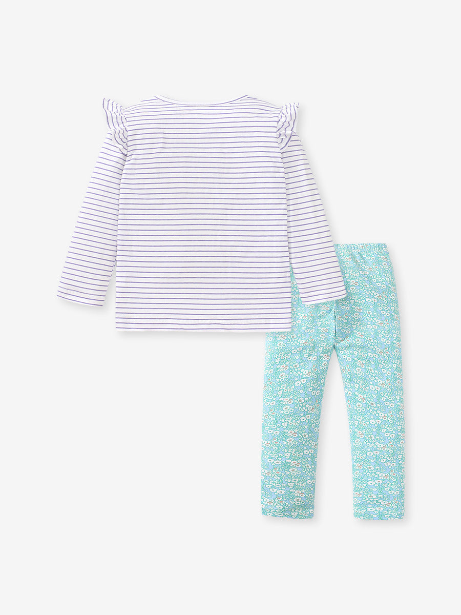 Striped Squirrel Print Top and Floral Leggings Set for Girls