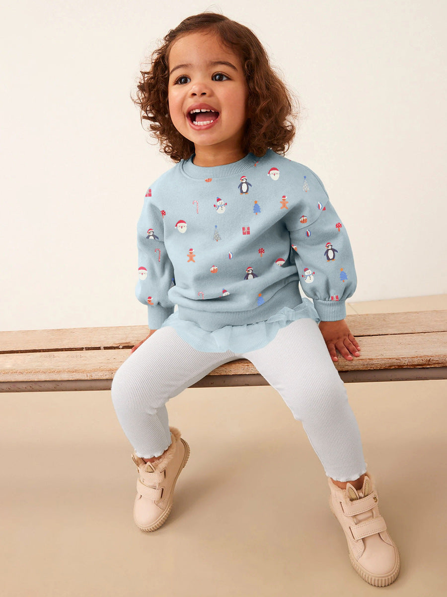 Girls Festive Holiday Print Top & Leggings Set – 2-Piece Winter Outfit