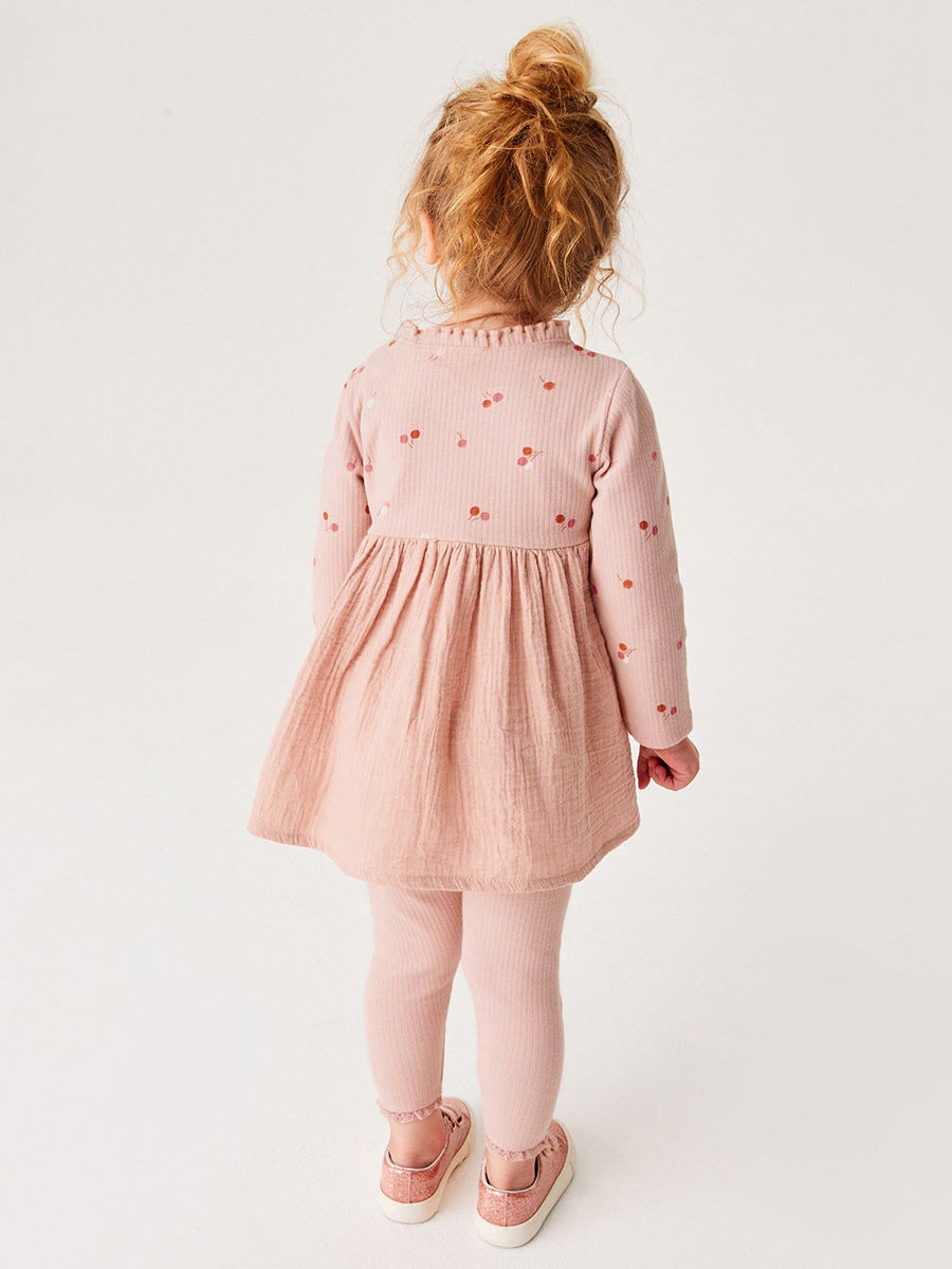 Girls Peach Long-Sleeve Dress & Leggings Set – Toddler 2-Piece Outfit