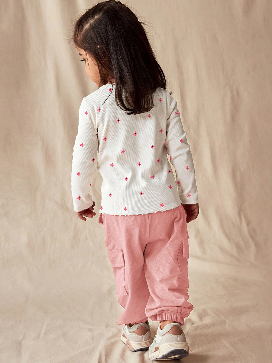 Girls Floral Print Long-Sleeve Top & Cargo Pants Set – Toddler 2-Piece Outfit