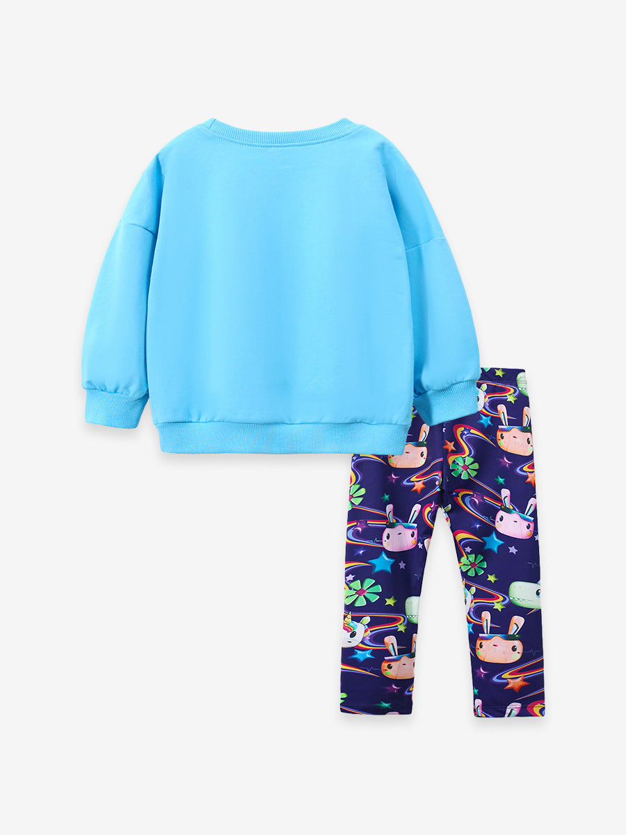 Space Bunny Blue Sweatshirt and Printed Leggings Set for Girls