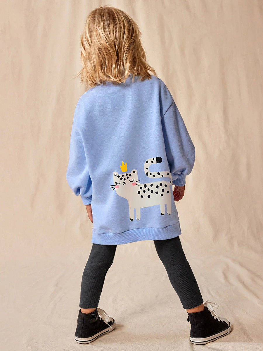 Blue Cat Patch Sweatshirt and Black Pants Set for Girls