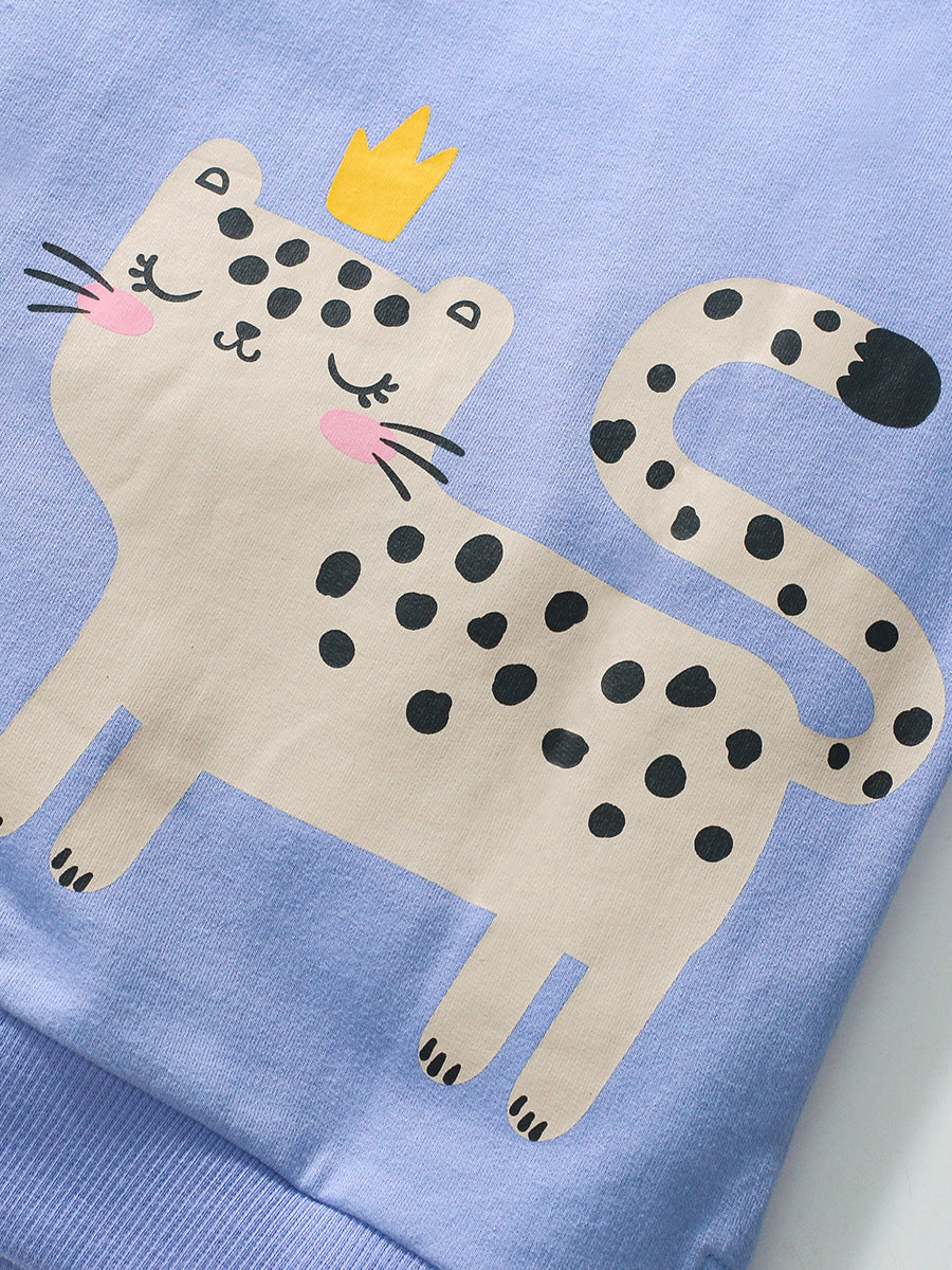 Blue Cat Patch Sweatshirt and Black Pants Set for Girls