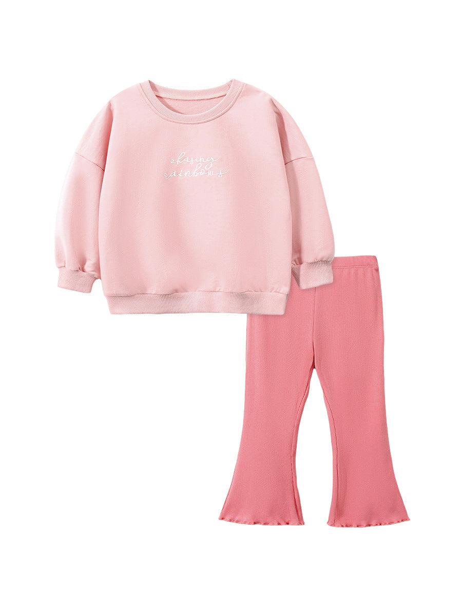 Girls Pink Sweatshirt & Flared Pants Set – Toddler 2-Piece Outfit