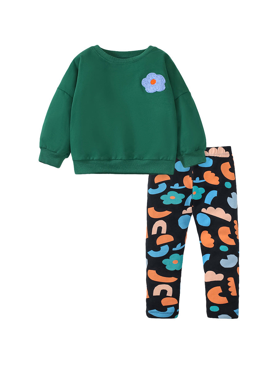 Girls Floral Sweatshirt & Patterned Leggings Set – Toddler 2-Piece Outfit