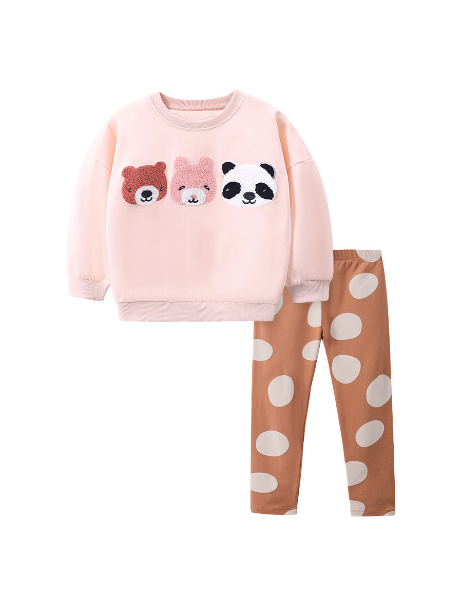 Girls Animal Face Sweatshirt & Polka Dot Leggings Set