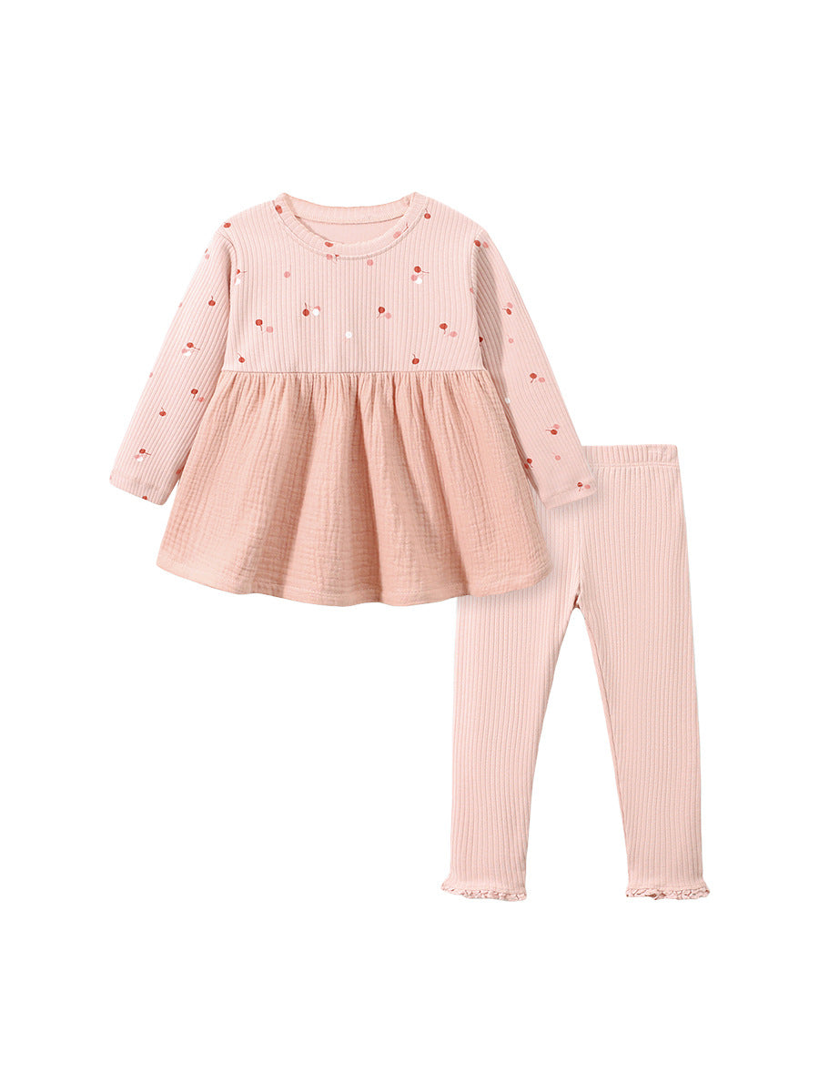 Girls Peach Long-Sleeve Dress & Leggings Set – Toddler 2-Piece Outfit