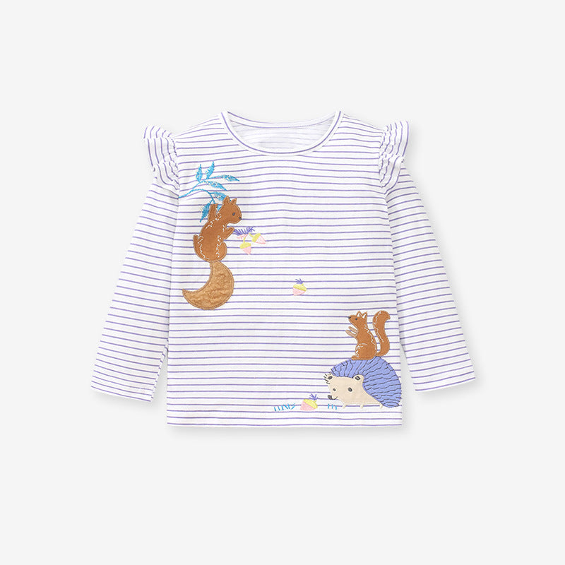 Striped Squirrel Print Top and Floral Leggings Set for Girls