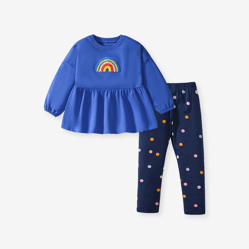 Rainbow Peplum Top and Polka Dot Leggings Set for Girls