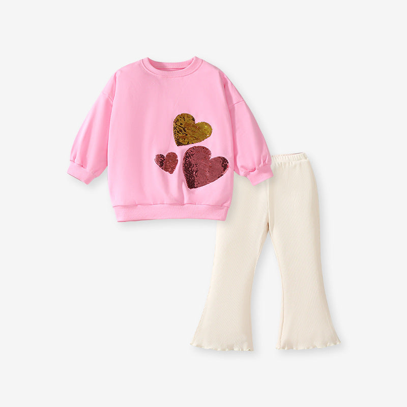 Girls Sequin Heart Sweatshirt & Flared Pants Set – Toddler 2-Piece Outfit