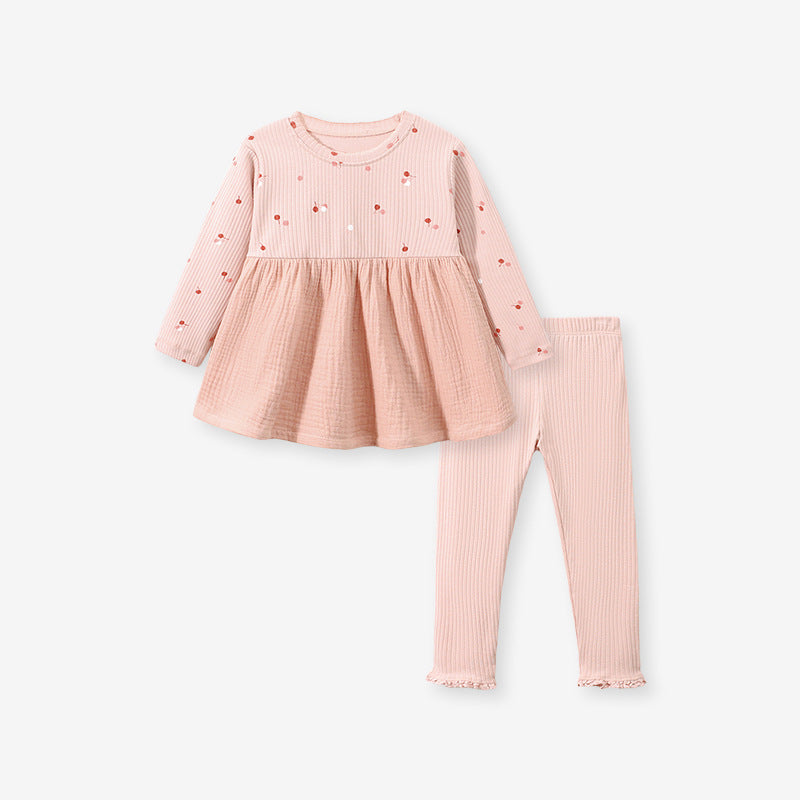 Girls Peach Long-Sleeve Dress & Leggings Set – Toddler 2-Piece Outfit