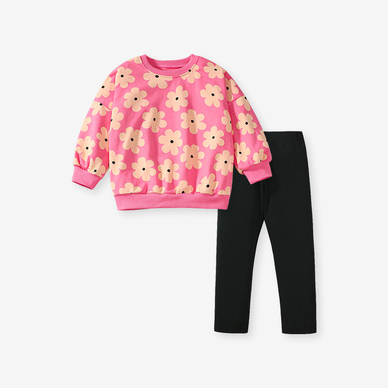 Pink Floral Sweatshirt and Black Pants Set for Girls