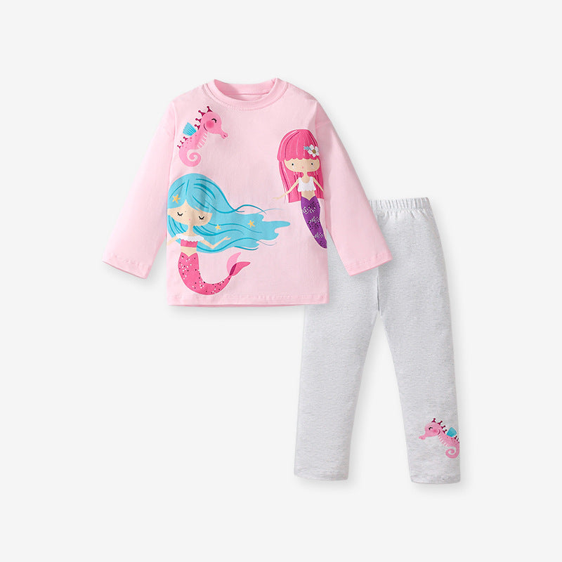 Girls 2-Piece Cotton Mermaid Outfit – Long Sleeve Top & Leggings