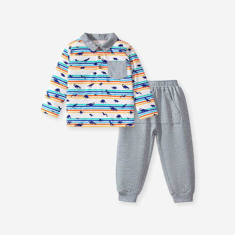 Boys Dinosaur Print Polo Shirt & Jogger Set – Toddler 2-Piece Outfit