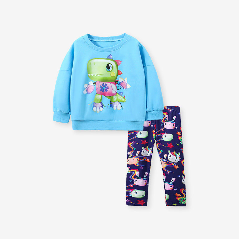 Space Bunny Blue Sweatshirt and Printed Leggings Set for Girls