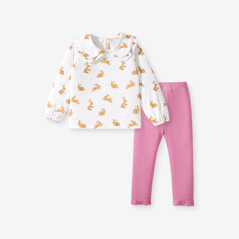 Girls Bunny Print Top & Pink Leggings Set – Adorable 2-Piece Outfit