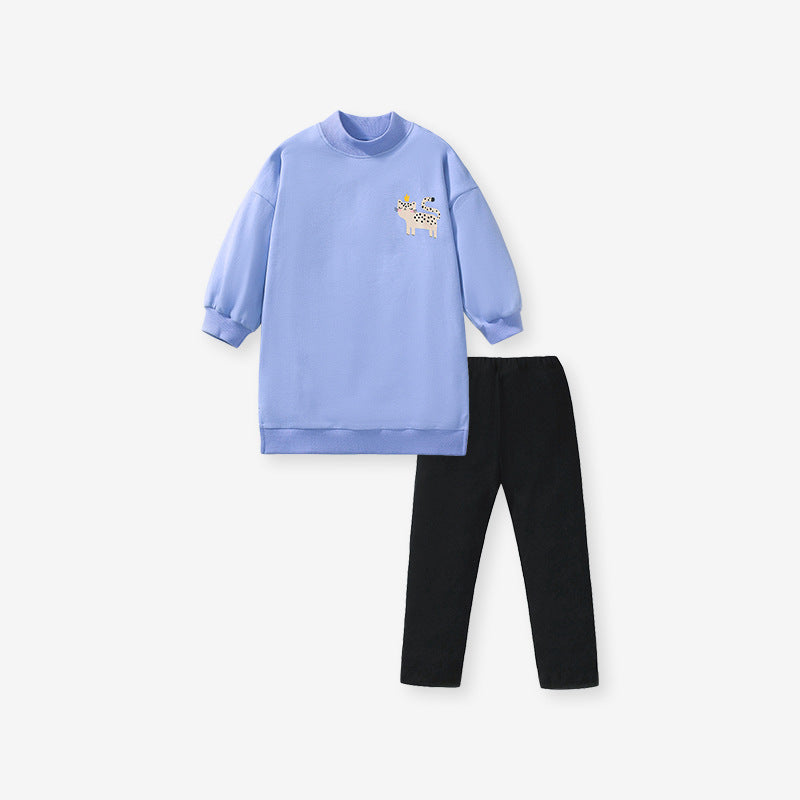 Blue Cat Patch Sweatshirt and Black Pants Set for Girls