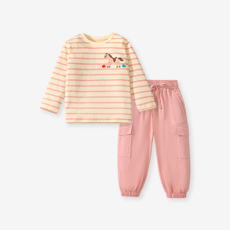 Girls Striped Long-Sleeve Top & Cargo Pants Set – Toddler 2-Piece Outfit