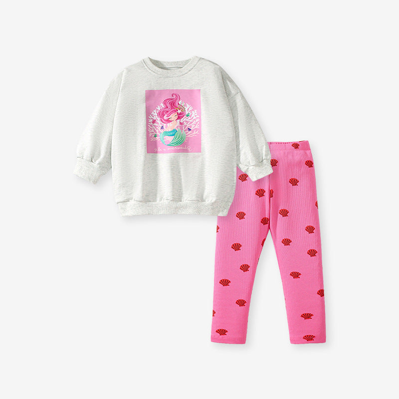 Girls 2-Piece Cotton Outfit – Mermaid Print Sweatshirt & Leggings