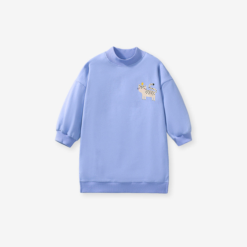 Blue Cat Patch Sweatshirt and Black Pants Set for Girls