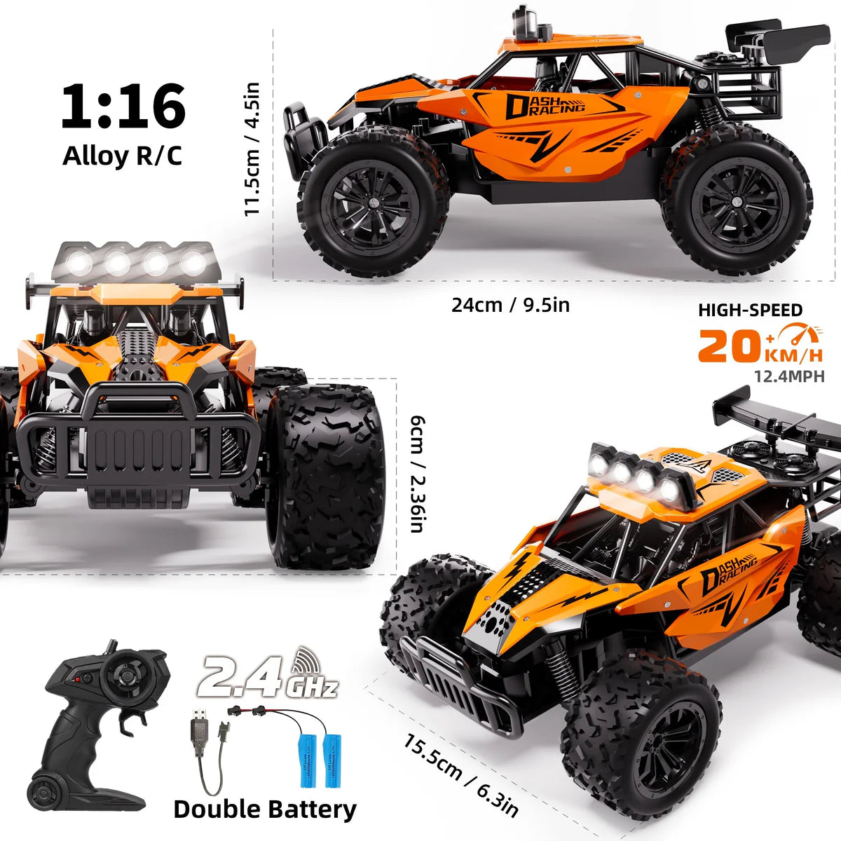 High-Speed Remote Control Car with Alloy Body and LED Lights