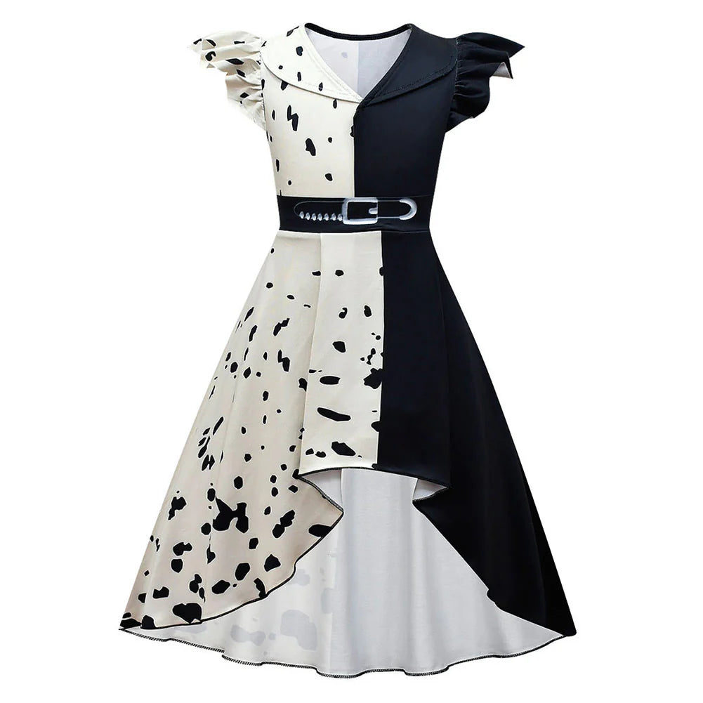 Kids Cruella Cosplay Costume Dress with Wig – Girls Halloween Carnival Outfit