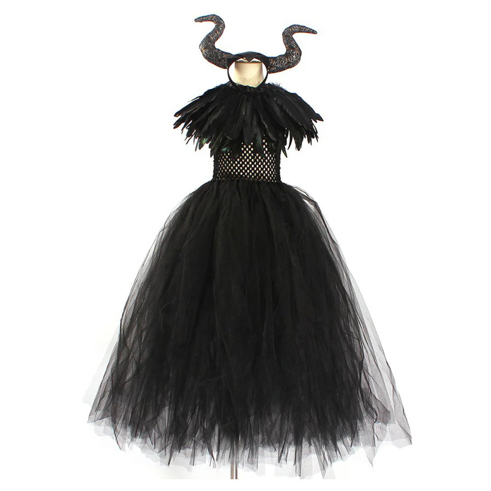 Kids Maleficent Cosplay Dress Costume with Headband