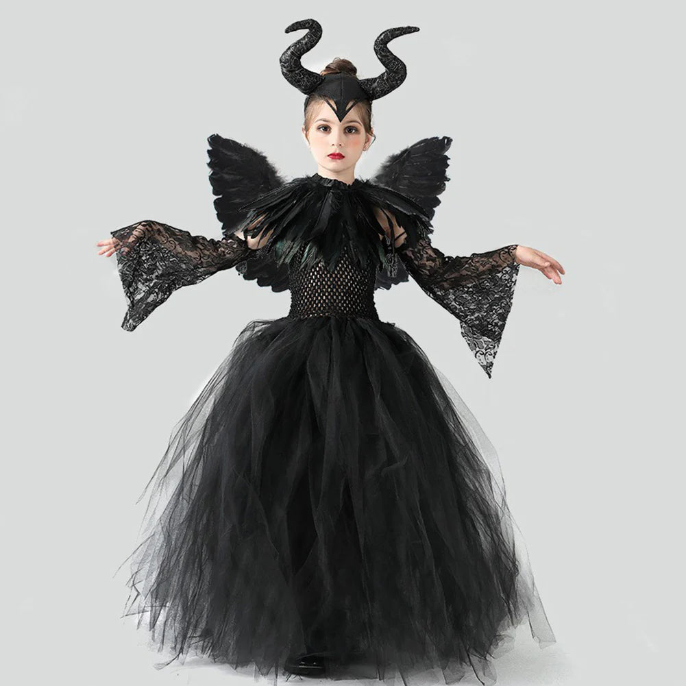 Kids Maleficent Cosplay Dress Costume with Headband