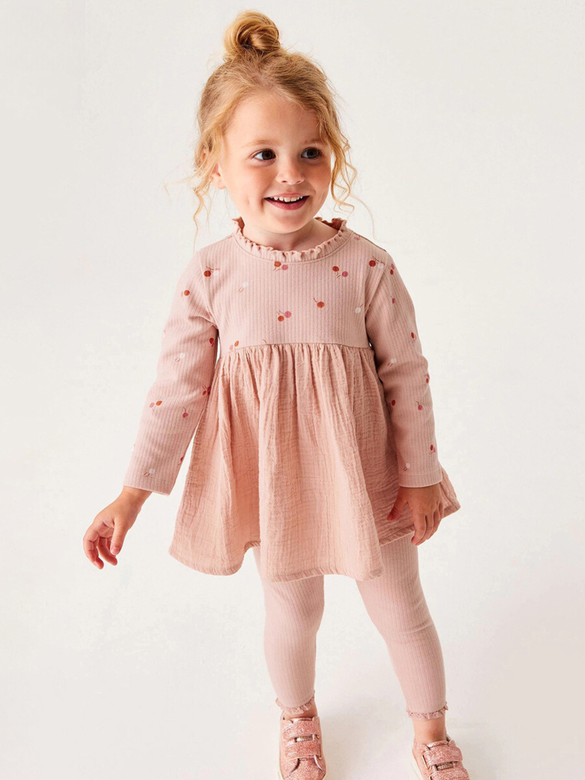 Girls Peach Long-Sleeve Dress & Leggings Set – Toddler 2-Piece Outfit