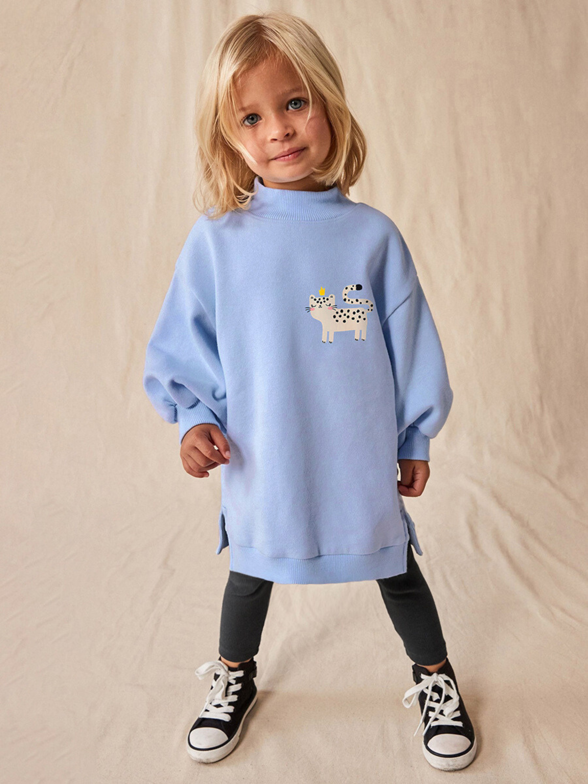 Blue Cat Patch Sweatshirt and Black Pants Set for Girls